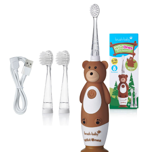 WildOnes brown and white bernie bear rechargeable toothbrush for children with box packaging and replacement brush heads