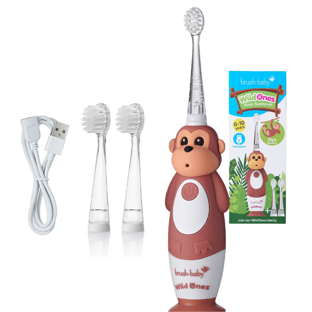 brown with white mya monkey wildones rechargeable toothbrush with usb cableand deep clean bristle replacement brush heads