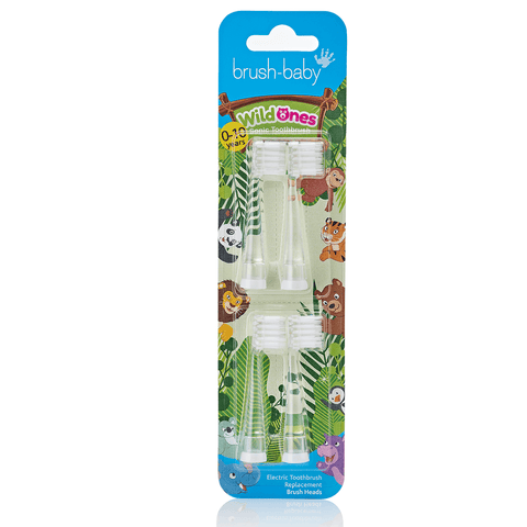 4 clear deep cleaning bristles WildOnes replacement brush heads for children by BrushBaby