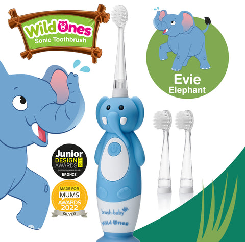 BrushBaby WildOnes light Blue and White Evie The Elephant Rechargeable Toothbrush for children