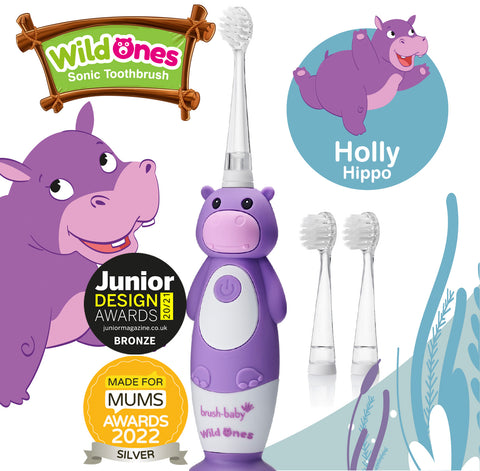 Award winning BrushBaby Wildones Purple and White Holly the Hippo Rechargeable Toothbrush for children