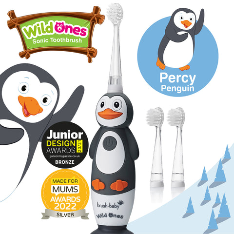 BrushBaby WildOnes Grey and White with Orange features Percy Penguin Rechargeable Toothbrush